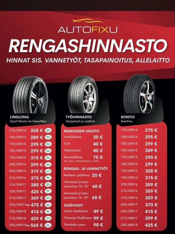 Autofixu rengashinnasto 2026 – Linglong ja Kontio renkaiden hinnat